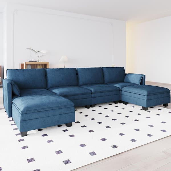 Enrique 141.5 in. Large Size U-shaped 6 Seater Modern Fabric Sectional Sofa in Blue with Movable Ottoman