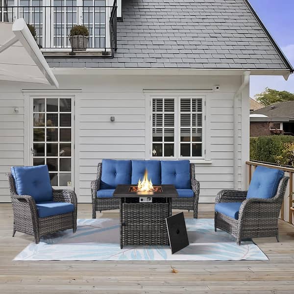 Gymojoy Carolina 4-Piece Wicker Patio Fire Pit Sectional Seating Set with Cushions