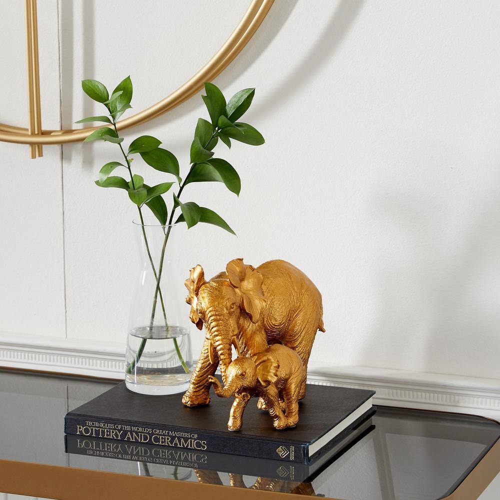 Gold Resin Elephant Figurine with Baby, 6" x 10" x 7"