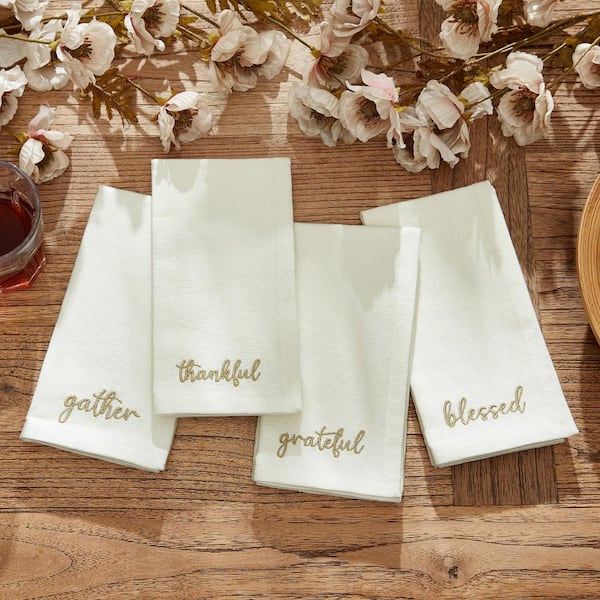 Harvest Sentiment Embroidered Napkins, Set of 4, Ivory - 17"W x 17"L