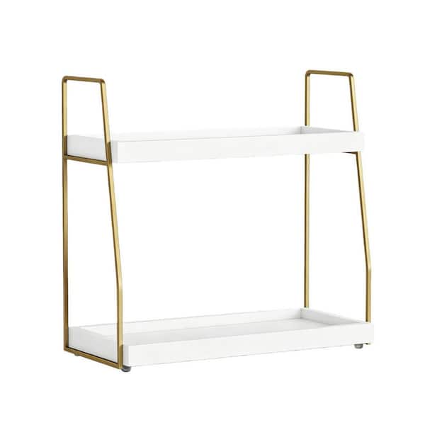2 Tier Countertop Vanity Organizer in White and Gold for Bathroom Skincare Storage and Bedroom Perfume Display