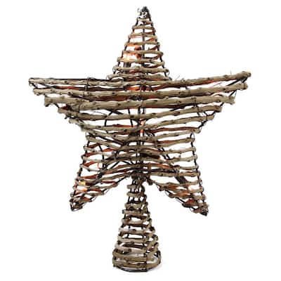 11.5 in. Natural Brown Rattan Star Christmas Tree Topper - Clear Lights