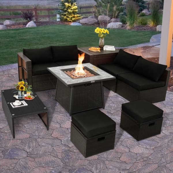 Kadehome Brown 9-Piece Patio PE Wicker Sectional Set with 50000 BTU Fire Pit Table and Black Cushions