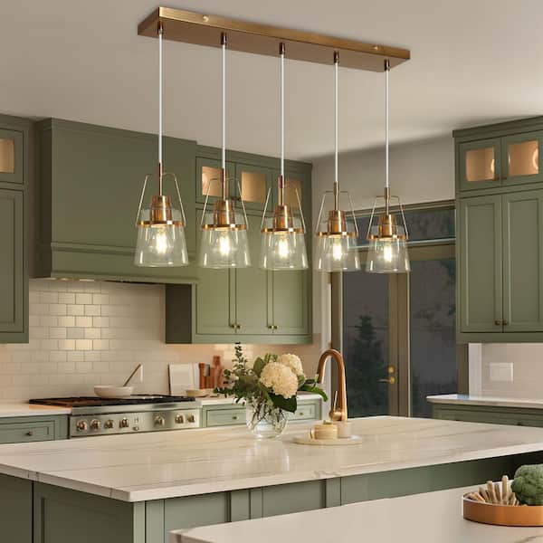 LNC Mid-Century Modern 29.7 in. 5-Light Chandelier Plated Brass Ceiling Light with Bell Clear Glass Shade