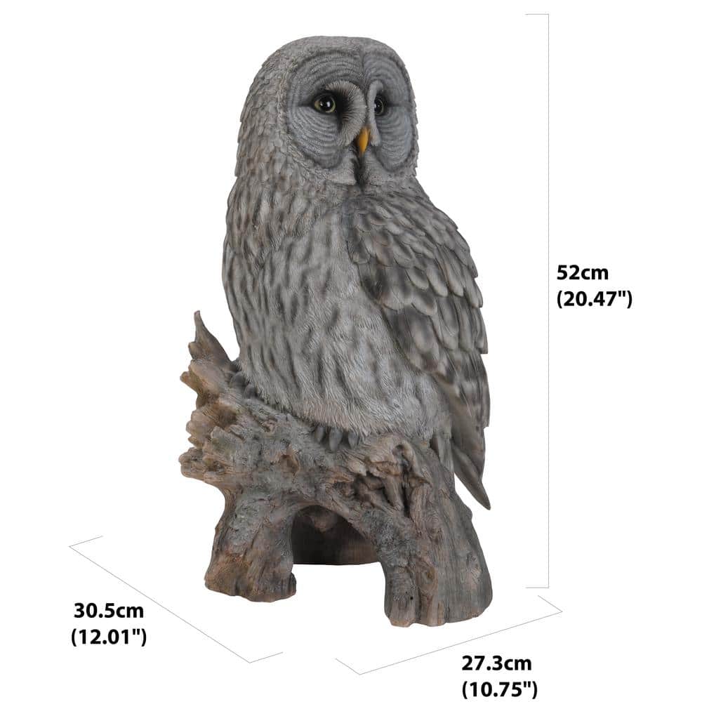 Grey Polyresin Owl on Tree Stump Statue