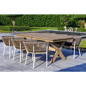 Santino + Melina Grey and White 7-Piece Wood Rectangular Standard Height Outdoor Dining Set with Sunbrella Grey Cushions