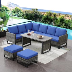 Valenta Gray 5-Piece Wicker Patio Conversation Sectional Seating Set with Blue Cushions