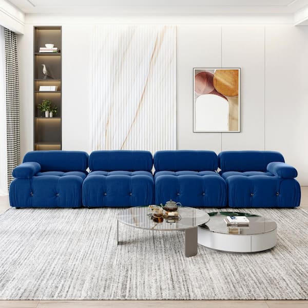 Magic Home 139 in. L-Shaped Flared Arm 4-Seater Convertible Modular Velvet Sectional Sofa in Blue