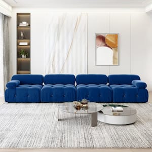 139 in. L-Shaped Flared Arm 4-Seater Convertible Modular Velvet Sectional Sofa in Blue