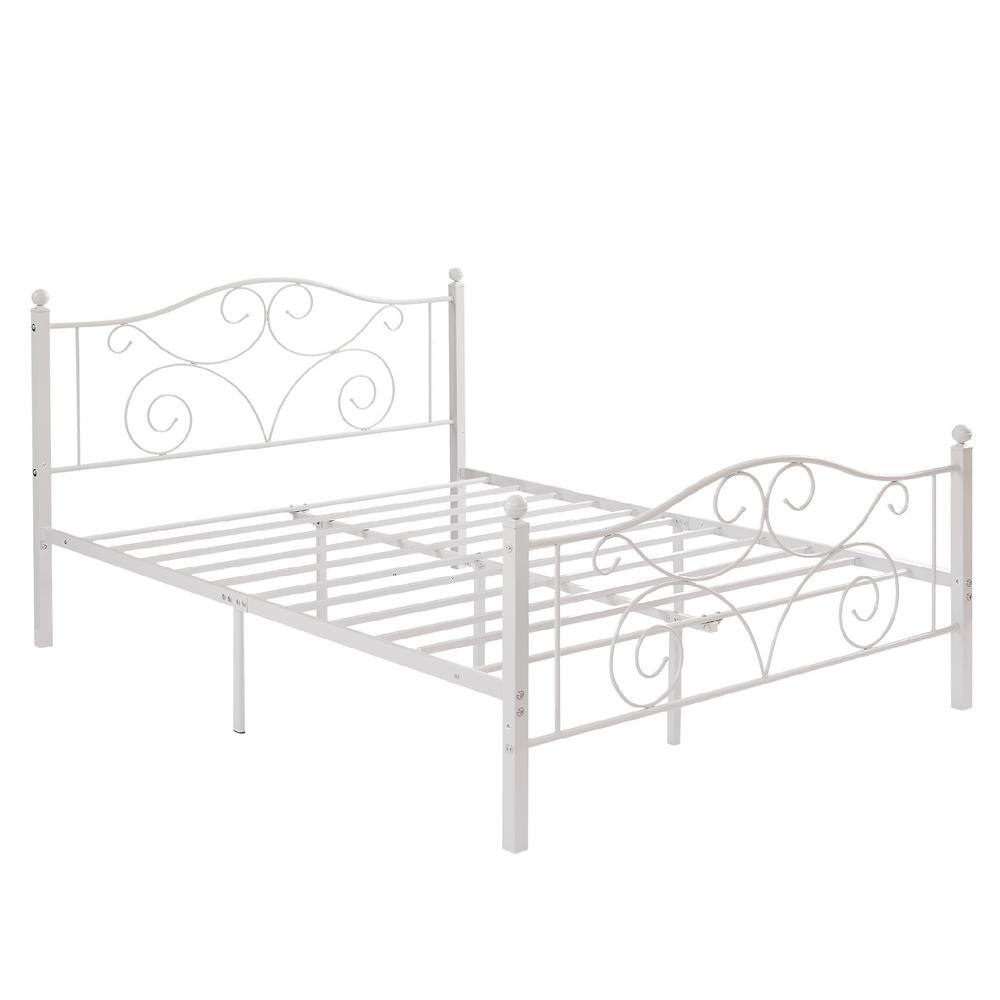 Elegant White Metal Full Size Platform Bed Frame with Headboard