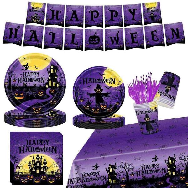 194-Piece Disposable Tableware Set, Happy Halloween Party Supplies with Banner, Tablecloth, Plates and Cups for 24