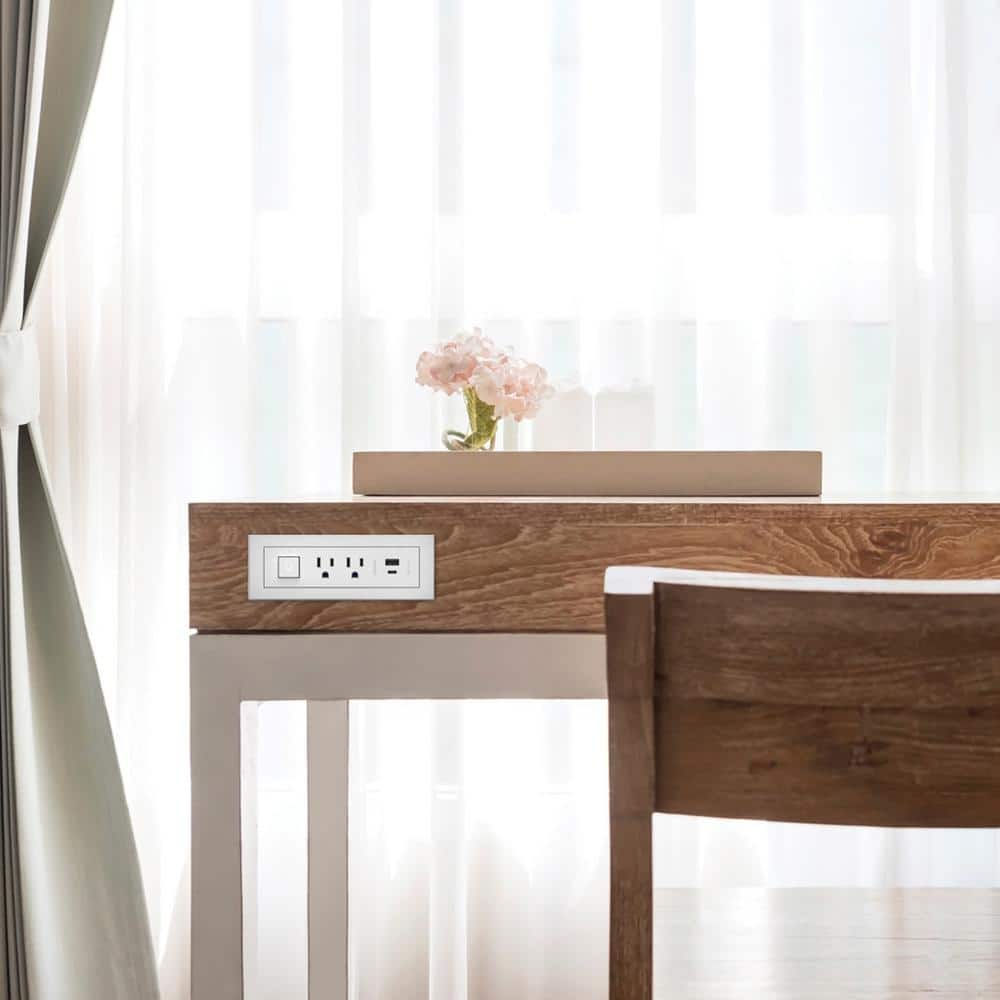 White Recessed Power Strip with USB Ports and Switch