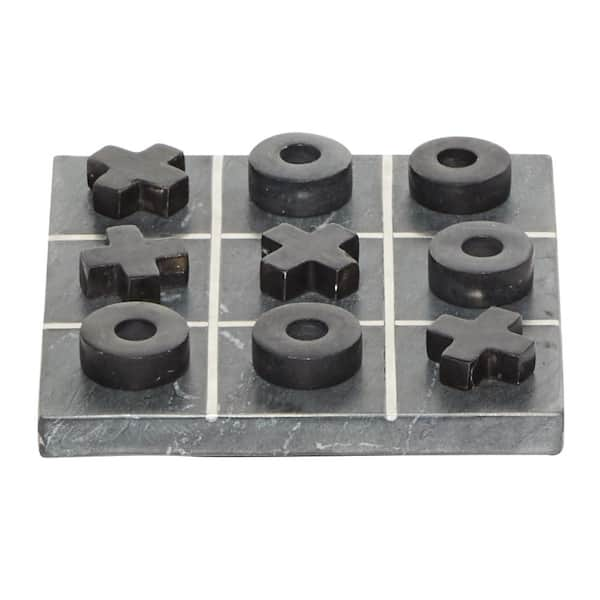 Litton Lane Black Marble Tic Tac Toe Game Set with Silver Inlay