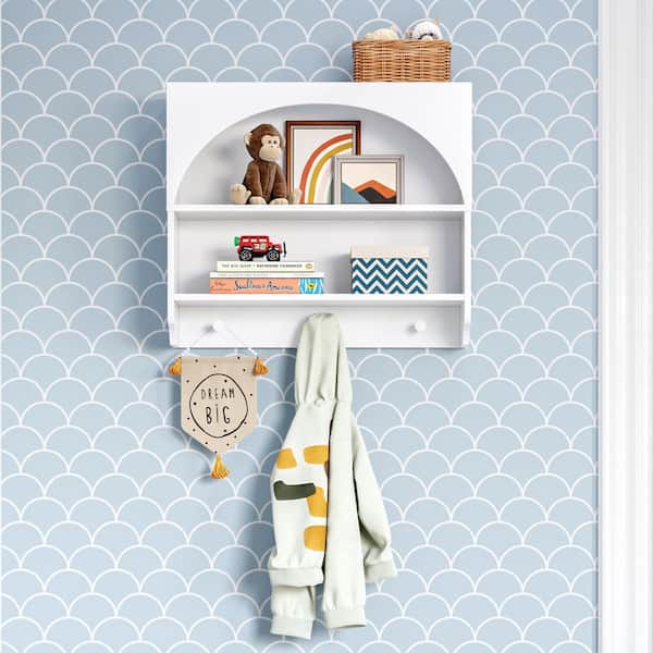 Kids Curve Appeal 22.4 in. Wide White Wall Shelf with 3-Hooks