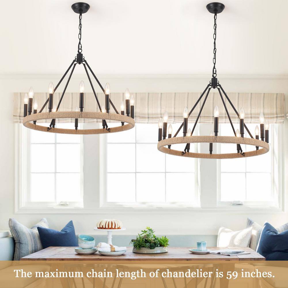 Matte Black 12-Light Candle Wagon Wheel Chandelier