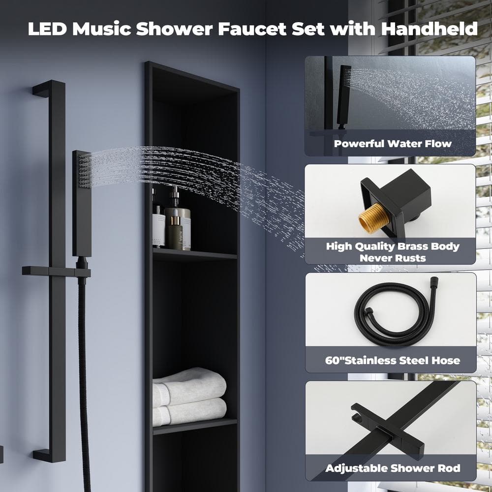 Matte Black Stainless Steel LED Bluetooth Music Rainfall Shower System