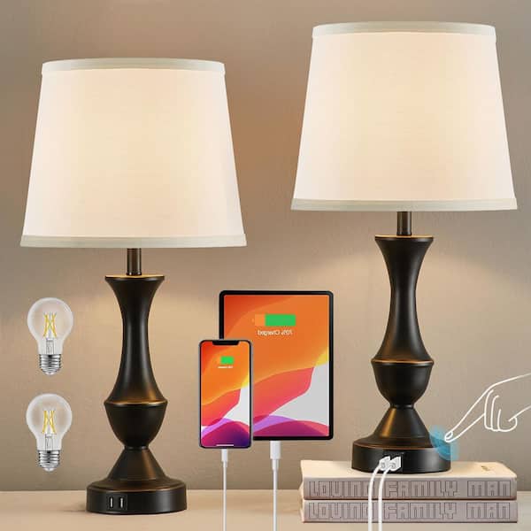 22 in. Tall Bedside Lamps USB C plus A Ports Touch Table Lamps Set of 23 Way Dimmable Black Lamp White Lampshade.