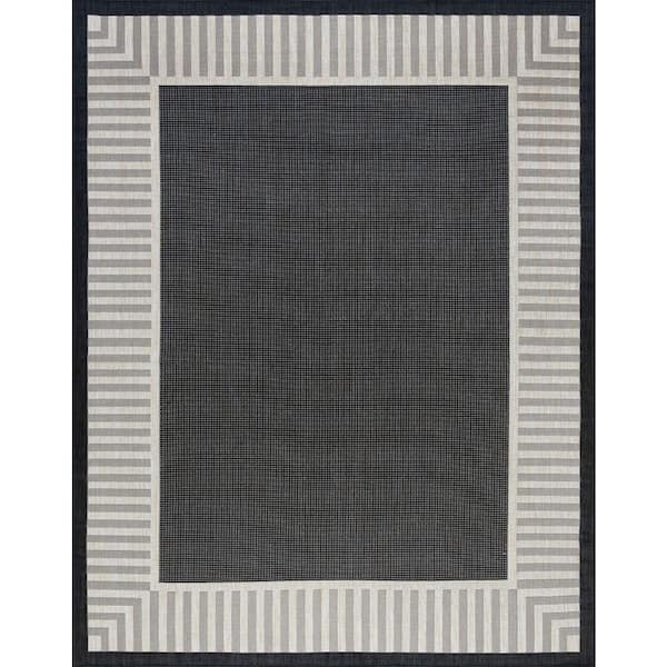 Tayse Rugs Eco Striped Border Black 8 ft. x 10 ft. Indoor/Outdoor Area Rug