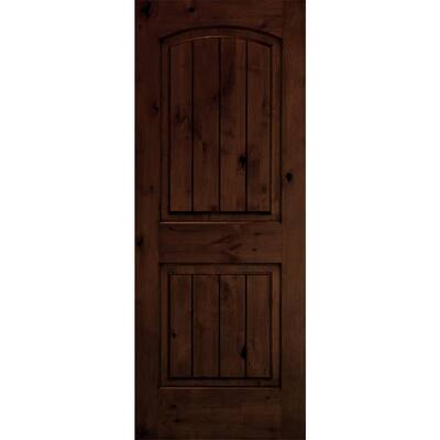 36 in. x 80 in. Rustic Knotty Alder Arch Top V-Grooved Red Mahogony Stain Right-Hand Wood Single Prehung Front Door