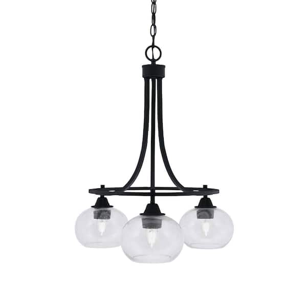 Unbranded Madison 3-Light Matte Black Round Chandelier with 7 in. Clear Bubble Glass Shades, No bulbs included