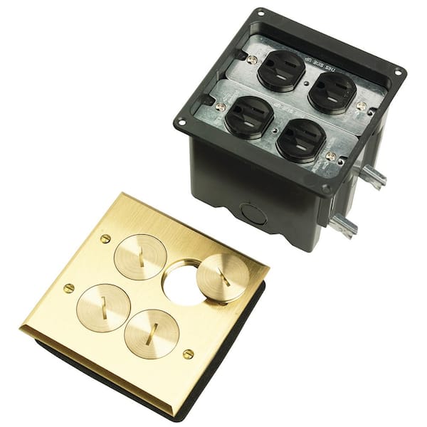 Legrand Pass & Seymour Slater Brass 2-Gang Floor Box with Tamper-Resistant Outlet and Cat5e Connectors for Wood Sub-Floor