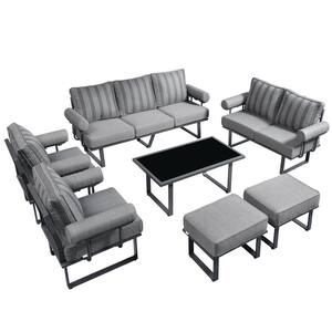 Teton Grand Gray 7-Piece Aluminum Outdoor Patio Conversation Sofa Set with Stripe Gray Cushions