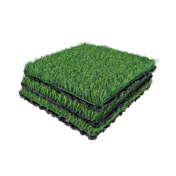Unbranded Artificial Grass Floor, 12 in. x 12 in. Artificial Lawn Interlocking Artificial Grass Tiles, Green, (Pack of 36 Tiles)