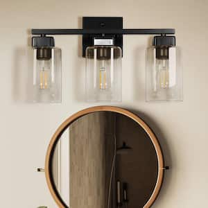 16 in. 3-Light Matte Black Vanity Light, Modern Bathroom Wall Fixture with Square Clear Glass Shades