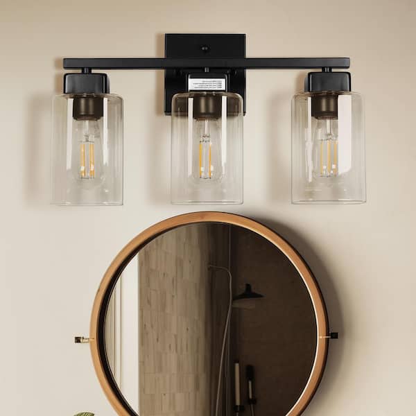 16 in. 3-Light Matte Black Vanity Light, Modern Bathroom Wall Fixture with Square Clear Glass Shades