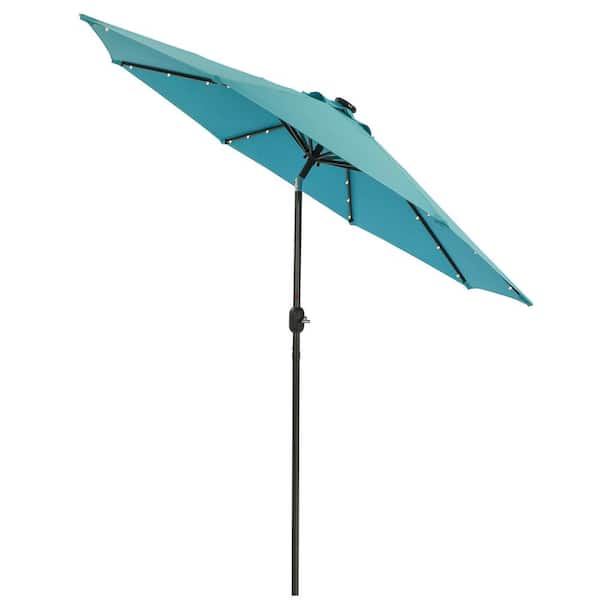 WELLFOR Large 9 ft. Market Solar Tilt Patio Umbrella in Blue with 32 LED Lights