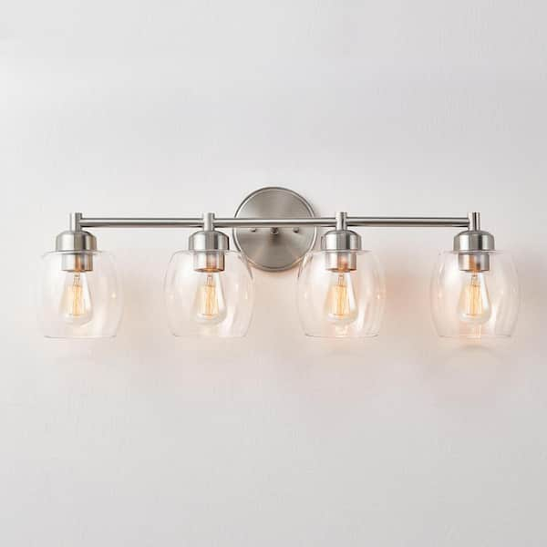 KAWOTI 30.3 in. 4-Light Brushed Nickel Bathroom Vanity Light with Clear ...