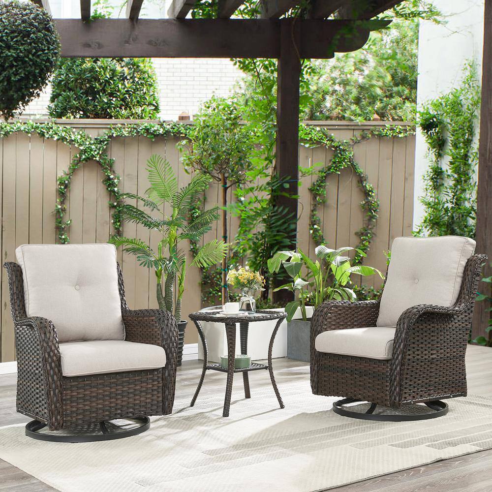 ArcoBay 3-Piece Brown Wicker Swivel Outdoor Rocking Chairs Patio Conversation Set with Olefin Beige Cushions price history on PriceWatchPro