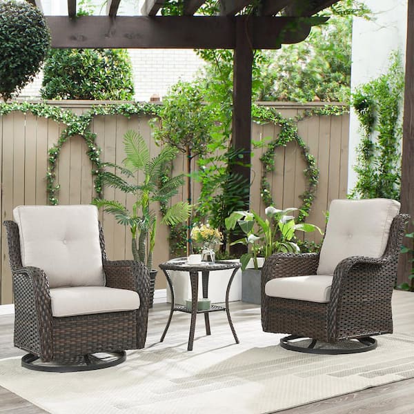 Opohoro ArcoBay 3-Piece Brown Wicker Swivel Outdoor Rocking Chairs Patio Conversation Set with Olefin Beige Cushions