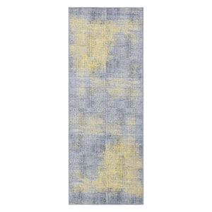 Contemporary Abstract Machine Washable 2'6"x10' Yellow Runner Rug