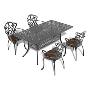 5-Piece Black Cast Aluminum Outdoor Dining Set, Patio Furniture with Rectangle Table and Random Color Cushions