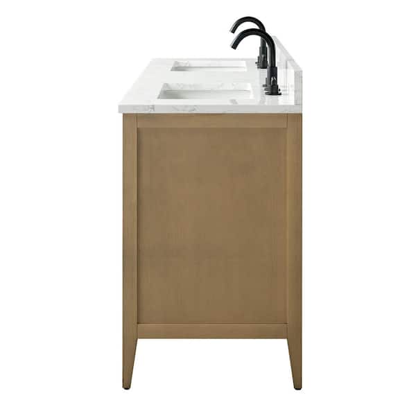 60 in. W x 22 in. D x 34 in. H Double-Sink Bathroom Vanity in Natural Oak with Engineered Marble Top in Arabescato White