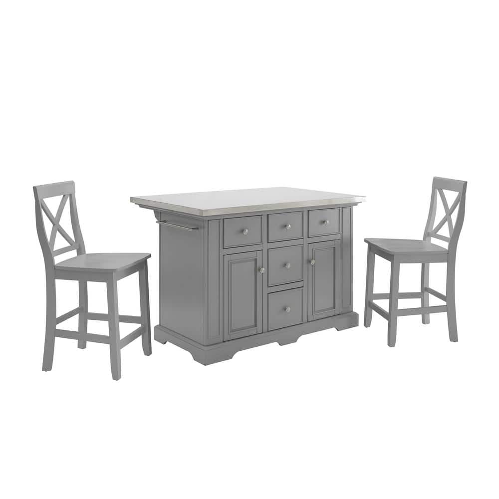 Julia 50'' Gray Stainless Steel Top Kitchen Island Set with X-Back Stools