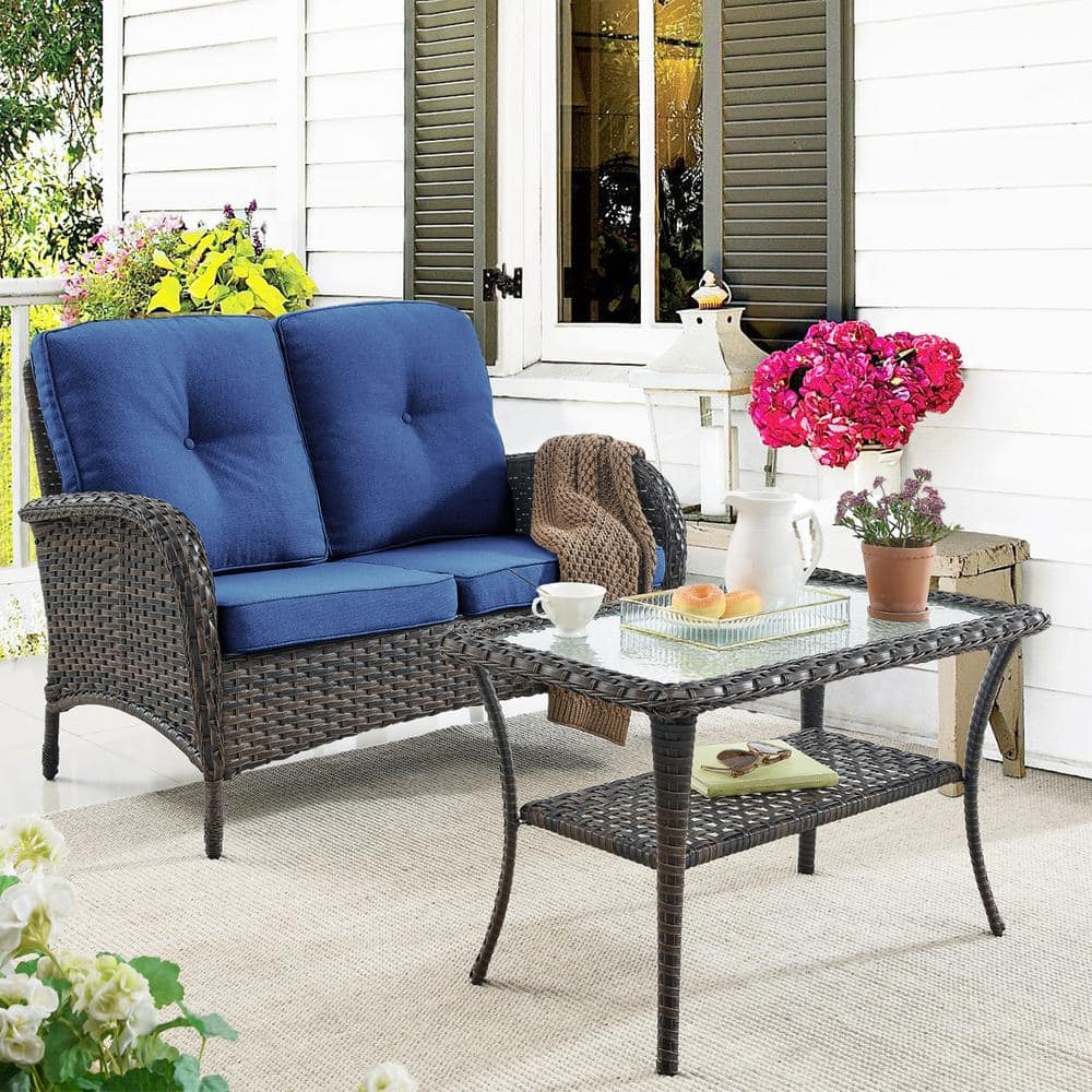 Gymojoy Carlos Brown 2 Piece Wicker Patio Conversation Set with Blue Cushions PW088 1 The Home Depot