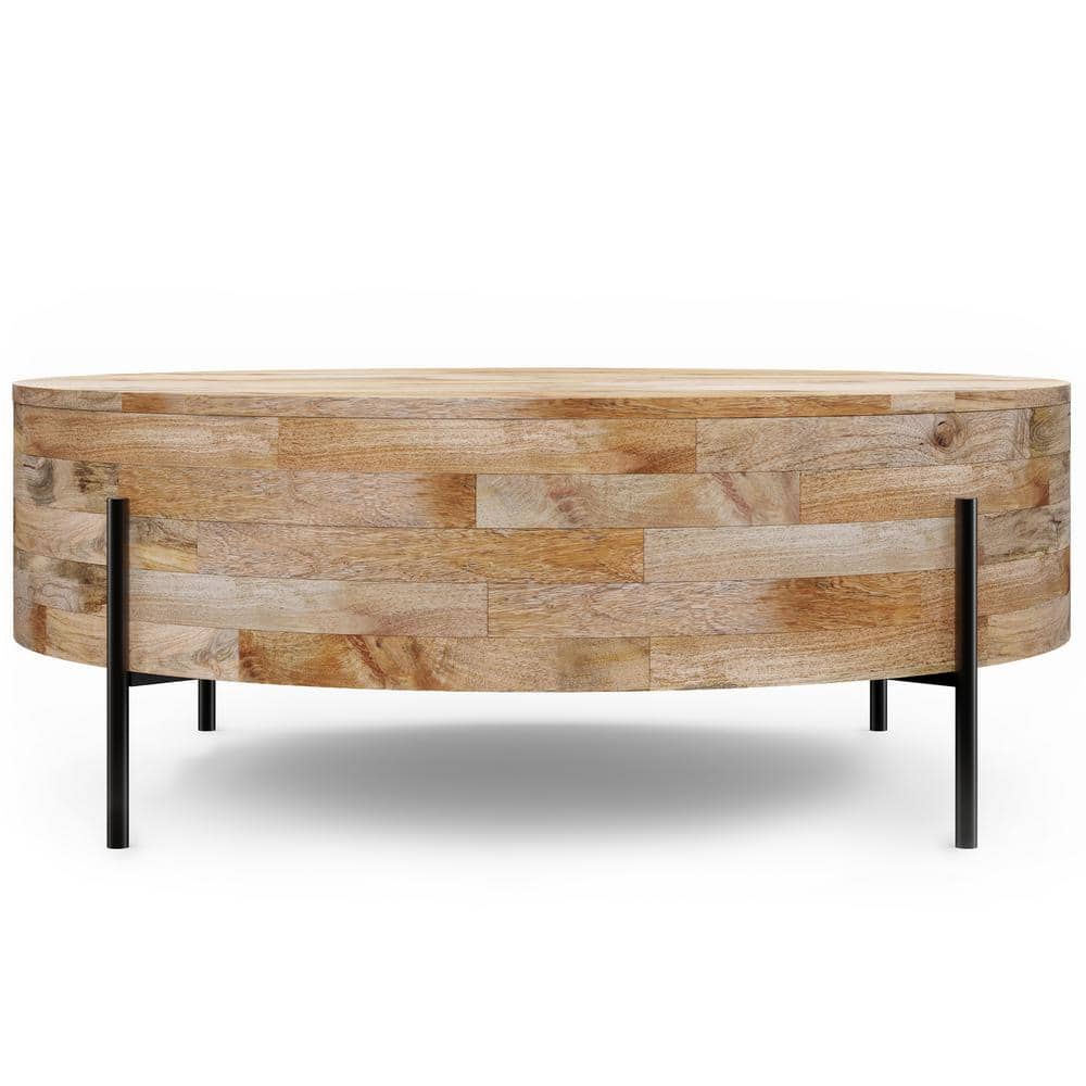 Natural Mango Wood and Black Metal Round Drum Coffee Table
