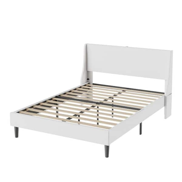 Upholstered Bed Frame White Metal Frame Full Platform Bed with Headboard and Wingback Bed Frame USB and Type-C Ports