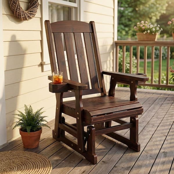 Wood Outdoor Glider with High Back and Deep Contoured Seat, Heavy Duty 600 lbs. for Patio Porch and Yard, Deep Brown