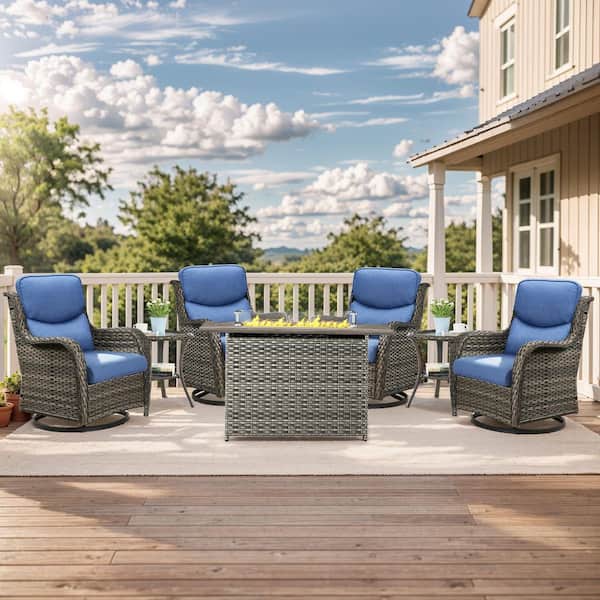 moosprr Luxury Gray Wicker Fire Pit Conversation Set with Olefin Blue Cushions and Patio Swivel Chairs/Side Tables (7-Piece)