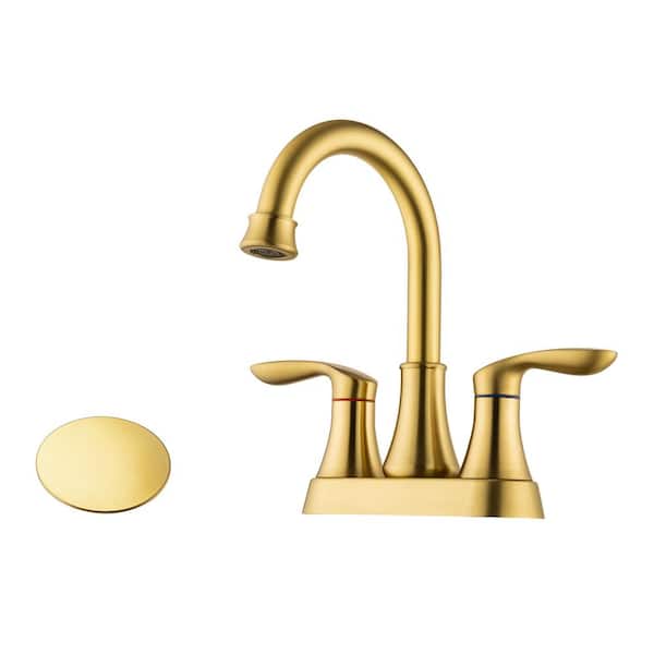 Staykiwi 4 in. Center set Double Handle Mid Arc Bathroom Faucet with Drain Kit Included in Brushed Gold