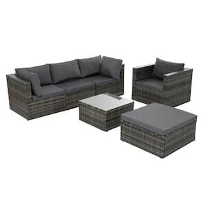6-Piece Outdoor Wicker Patio Furniture Set, Patio Conversation Set with Dark Gray Cushions