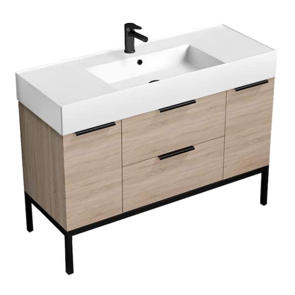 Derin 47.6 in. W x 18.1 in. D x 34.65 in. H Modern Bathroom Vanity in Brown Oak With White Ceramic Top