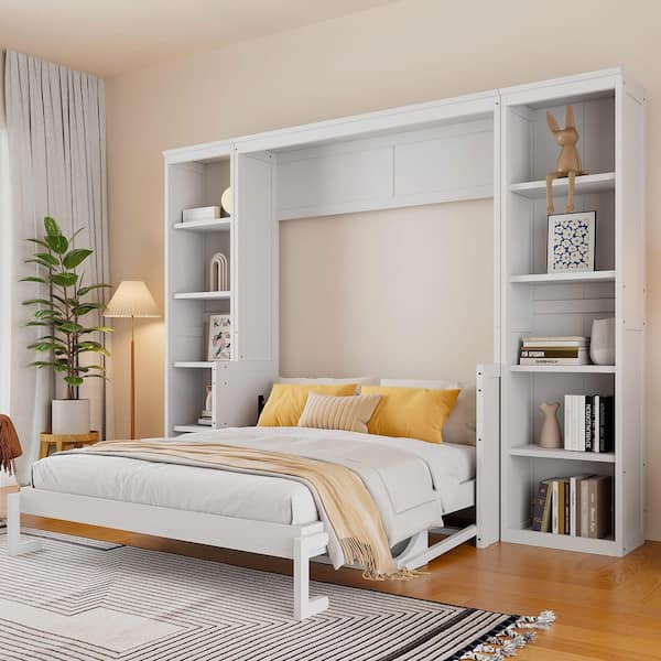 Ethen White Wood Frame Queen Size Murphy Bed with Desk, Bookshelf