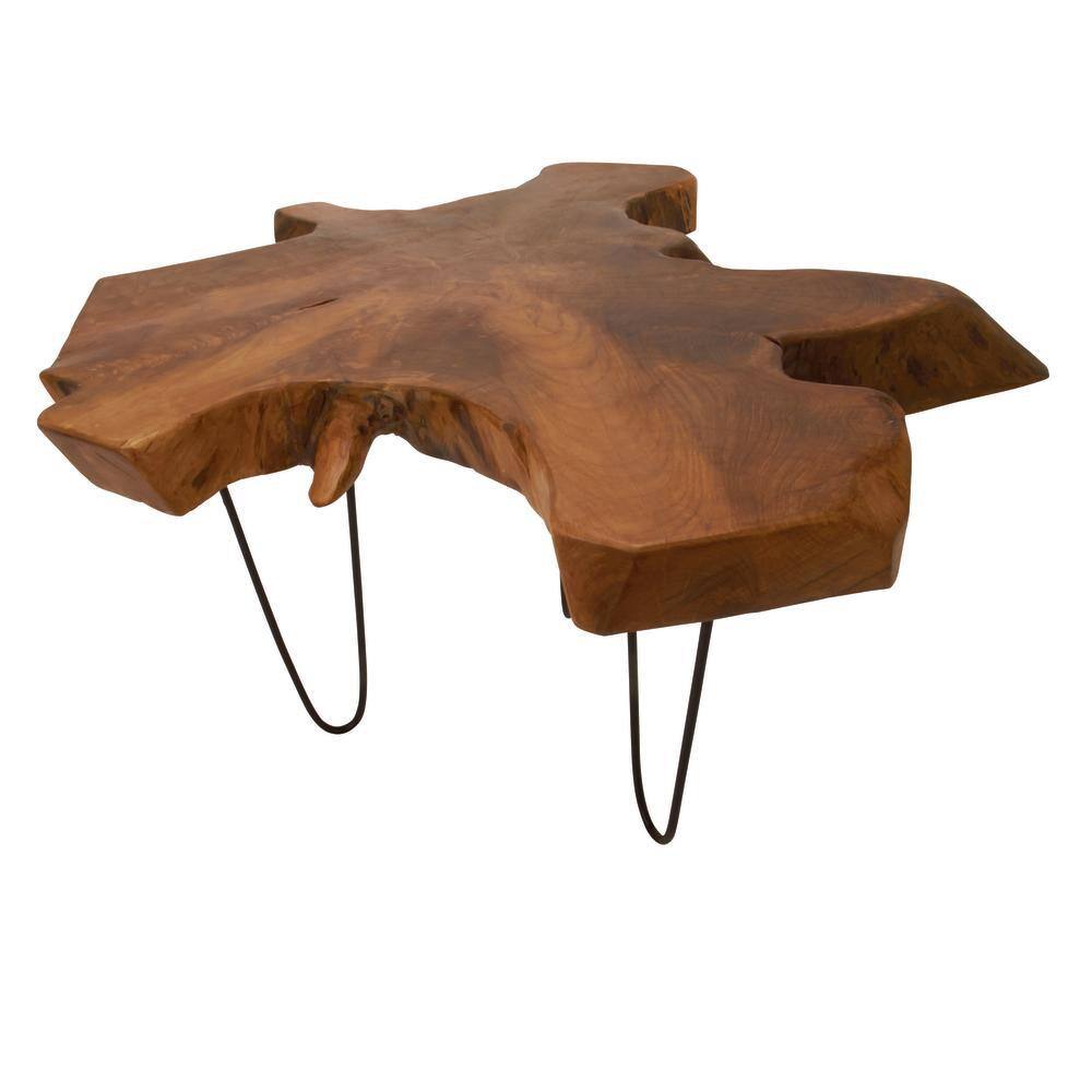 Teak Live Edge Round Coffee Table with Black Metal Hairpin Legs