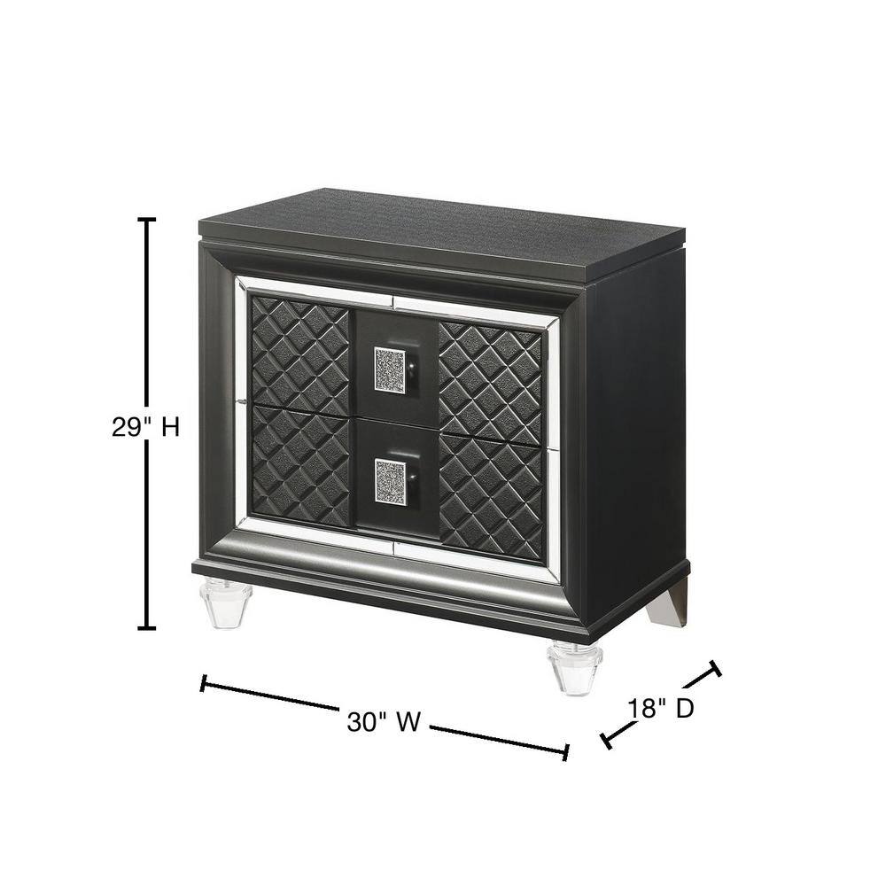 30" Gray Solid Wood Nightstand with Acrylic Legs and Embossed Fronts