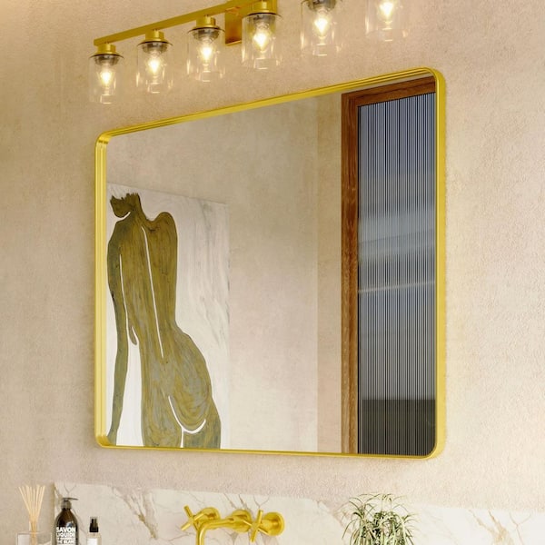 48 in. W x 36 in. H Rectangular Aluminum Framed Wall Bathroom Vanity Wall Mount Mirror in Gold