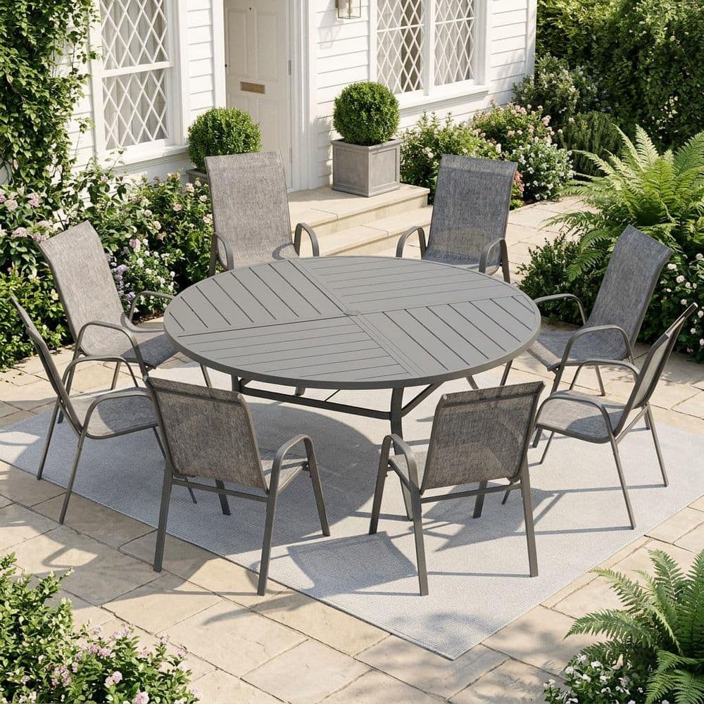 9-Piece Metal Outdoor Dining Set with 53.1 in. Gray Round Dining Table and 8-Stackable Textilene Chairs in Gray Fabric price history on PriceWatchPro